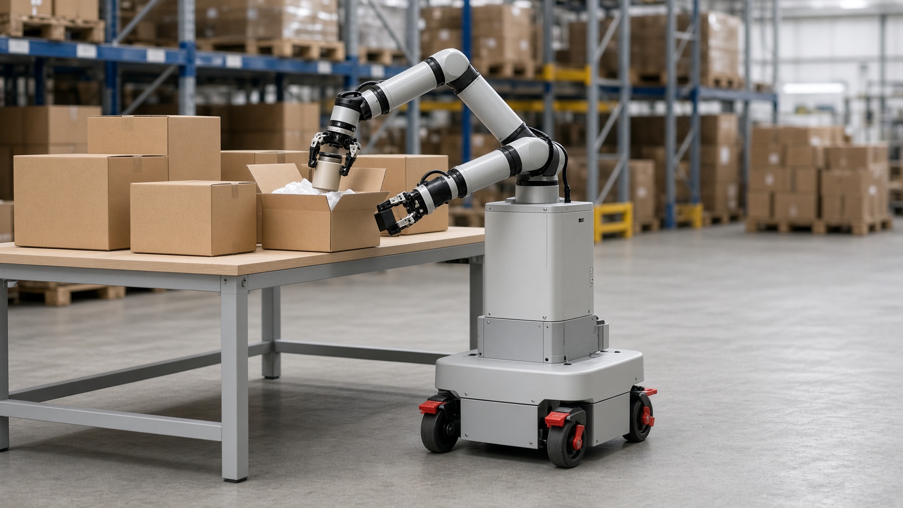 A two-arm packing robot at a warehouse workstation.