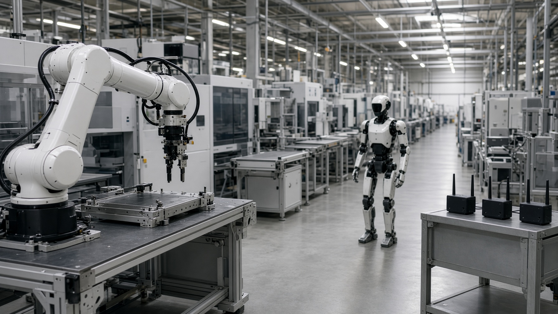 A factory aisle with a robot arm in the foreground, a humanoid further down the line, and small wireless boxes on a side table.