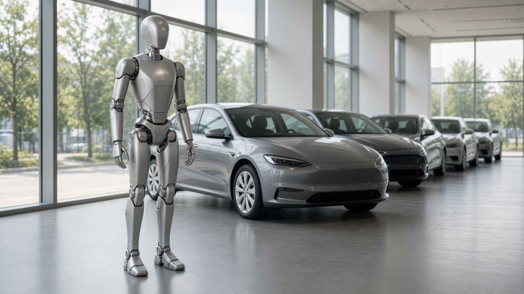 A humanoid robot standing in a bright car showroom.